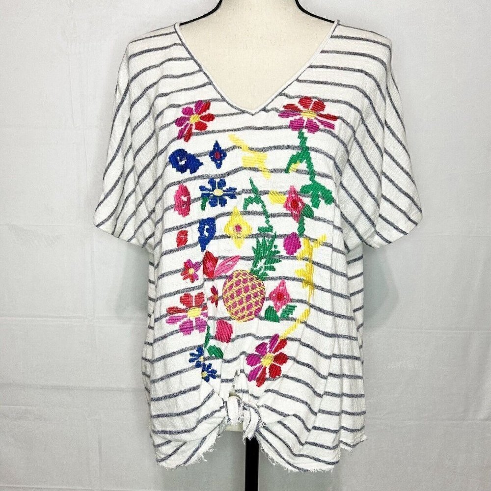 Entro Embroidered Floral Striped Front Knot Blouse Blue/White Women's M